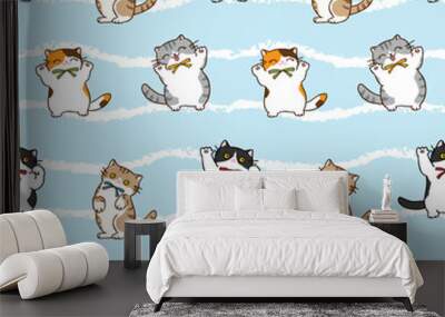 Seamless Pattern of Cute Cartoon Cat Design on Light Blue Background with White Wavy Lines Wall mural