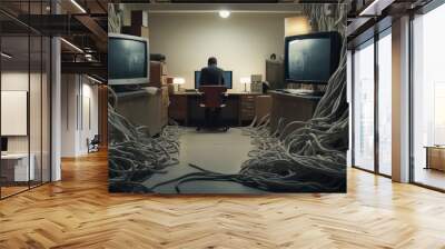 A misunderstood monster trying to set up a home Wi-Fi network, with cables and routers creating a labyrinth more confusing than any haunted maze,  Wall mural