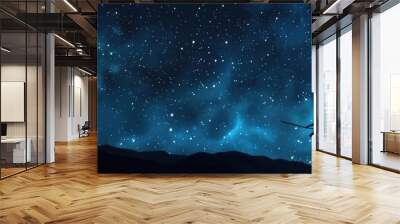 A witch flying on a broomstick across a starry night sky, copy space Wall mural