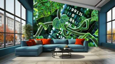 Digital solutions for sustainable chemistry visualized as software code intertwining with green vines, innovation growing alongside nature, harmonious and forward-thinking,  Wall mural