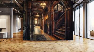 Victorian architecture interior, detailed woodwork, rich textures, warm light, historical accuracy, inviting yet antiquated charm. Wall mural