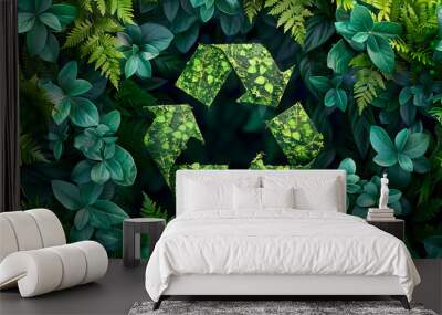 beautiful design green recycle icon surrounded by lush foliage renewable sustainability and environmental conservation problem ecology, growth lush ecology recycling earth day botanical biodiversity Wall mural