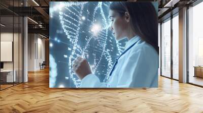 Doctor white coat stethoscope with DNA strands chromosome gene from laboratory technology scientific research experiment genome genetic data analysis innovation improvement patient care outcome Wall mural