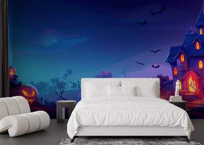 Halloween pumpkin bat with horror haunted house silhouette orange full moon dark black tree night autumn october celebration cemetery holiday, cartoon design castle evil background creepy hill grave Wall mural