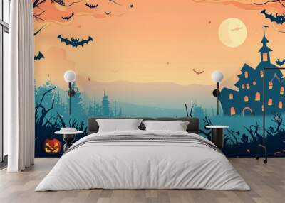 Halloween pumpkin bat with horror haunted house silhouette orange full moon dark black tree night autumn october celebration cemetery holiday, cartoon design castle evil background creepy hill grave Wall mural