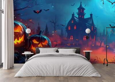 Halloween pumpkin bat with horror haunted house silhouette orange full moon dark black tree night autumn october celebration cemetery holiday, cartoon design castle evil background creepy hill grave Wall mural