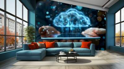 Hands holding tablet with holographic cloud above, cyberspace technology communication concept digital information data storage computing business network connection online wireless security future Wall mural