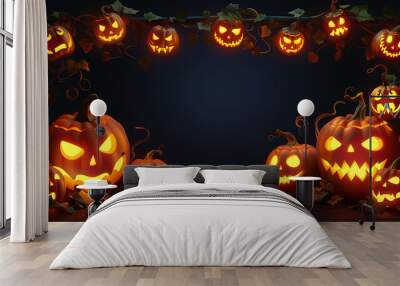 Multiple horror halloween evil night orange pumpkin lantern, candle on october celebration, glowing creepy face spooky jack o lantern decoration on dark background copyspace, fear ghost haunting Wall mural