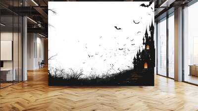 Silhouette horror haunted house halloween black castle evil night, spooky creepy mystery fear fantasy ghost full moon gothic black lit dracula decoration bat, full moon grave tower white background Wall mural