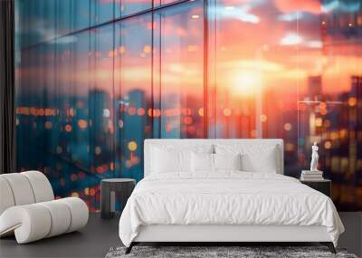 stunning sunset reflection of glass facade of high rise building with city urban lights evening skyline blurred background sunset glow cityscape bokeh panoramic skyscraper dusk skyline view warm color Wall mural