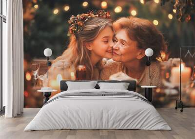 young girl kisses her grandmothers cheek family gathering love bonding affection togetherness happiness having dinner on Christmas Eve Thanksgiving celebration seasonal festival with warm cozy autumn Wall mural