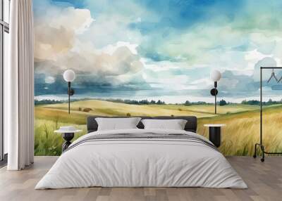 Landscape with meadow, road and clouds. Digital painting Wall mural