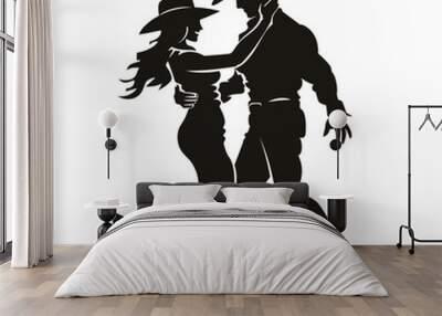 Silhouette of a cowboy and cowgirl dancing. Wall mural