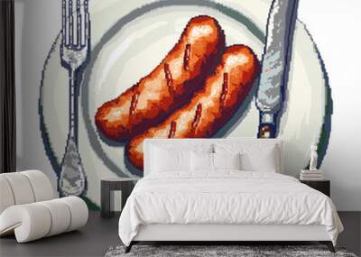 Two grilled sausages on a white plate with fork and knife Wall mural