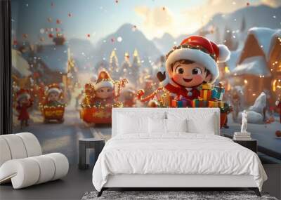 A Festive Christmas Parade in a Snowy Village, with a Smiling Boy Riding a Toy Train Filled with Gifts Wall mural