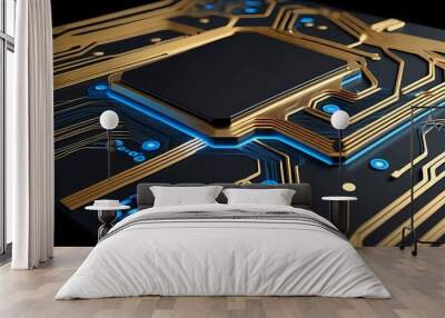 High-tech circuit board featuring glowing blue lines and gold connections, emphasizing precision and modernity Wall mural