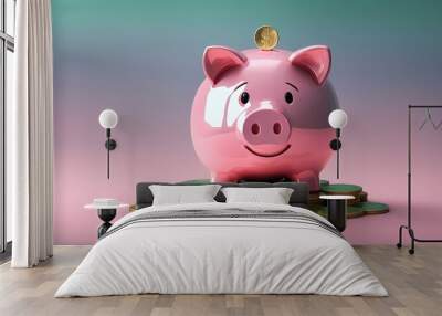 Modern piggy bank with glossy finish, stacked on gold coins, blue-green background hints at financial succe Wall mural