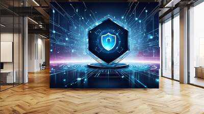 Securing Data with Digital Padlock Technology: Security Scanning, Cybersecurity, and Encryption on a Blue Background Wall mural