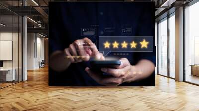 Customer review satisfaction feedback survey concept. User give rating to service excellent experience on mobile phone application, Client evaluate quality of service reputation ranking of business. Wall mural