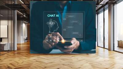 Man touching chatting virtual with an intelligent artificial intelligence asks for the answers he wants. Smart assistant futuristic, ChatGPT, Chat with AI or Artificial Intelligence technology, bot, Wall mural