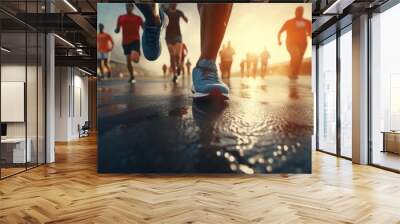 Group of young people in sportswear are running in the road. Wall mural