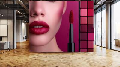 red lipstick makeup beautiful woman's face and eye shadow palette. Wall mural