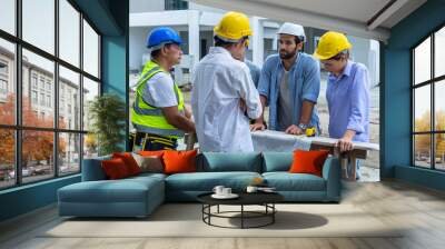 group of employees, engineers, contractors, and construction apprentices meet to look at the blueprints to verify the construction is correct. Colleagues work together on a construction project. Wall mural