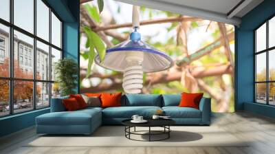 Hanging fluorescent bulb in the garden with yellow sunlight. Energy saving light and good for environment. Wall mural