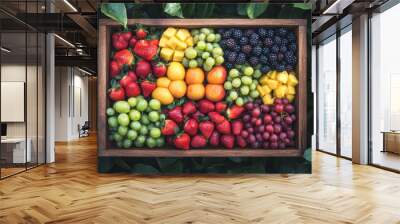 Colorful variety of fruits neatly arranged on a wooden tray, surrounded by greenery, Wall mural