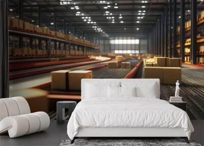 Distribution center with conveyor belts moving packages Wall mural