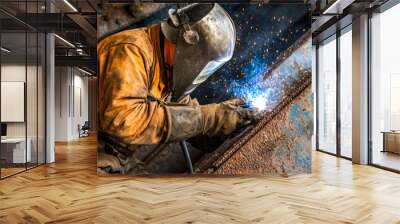 Industrial welder in protective gear welding a metal structure Wall mural