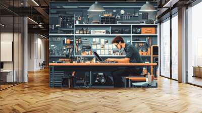 Small tech repair shop with a technician working on a laptop, shelves lined with gadgets and tools, cozy workspace with a modern touch Wall mural