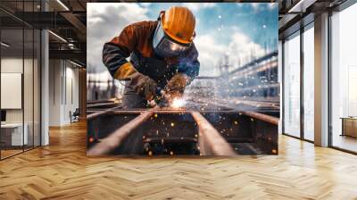 Welder working on a metal bridge construction Wall mural