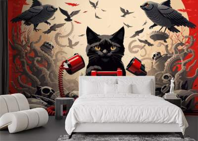 a black cat on a red chorded telephone Wall mural