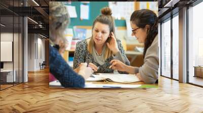 A group of teachers planning lessons together, sharing ideas and resources, dedicated and cooperative Wall mural