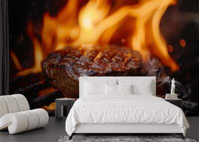 A steak being cooked to perfection on a hot grill, close-up of the flames Wall mural