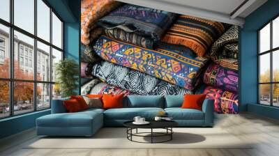 An illustrated collection of traditional Native American textiles with intricate patterns Wall mural