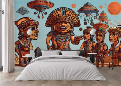 Aztecs interaction whith aliens illustration Wall mural