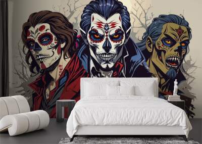 day of dead vampire zombie and werewolf horror Wall mural