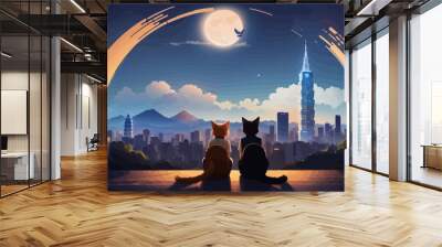 digital art illustration The backs of two cats looking Taipe Wall mural