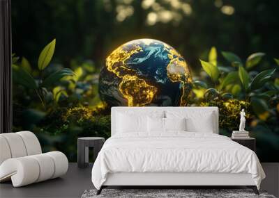 3d rendering of planet earth surrounded by green plants. The background is dark and blurry, creating an atmosphere of environmental awareness. Planet earth on grass Plants. Wall mural