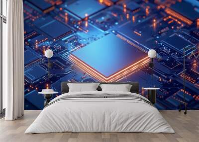 3D rendering of the chip, Blue computer electronic chip with blue glow, multiple filter effect and glowing light effects on top. Wall mural