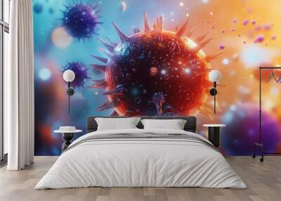 3D rendering of the coronavirus depicted amidst surrounding human cells, highlighting the interaction between the virus and the human body at a microscopic level Wall mural