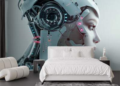 A beautiful female robot with robotic parts on her face and neck, looking to the side in profile view against a white background Wall mural