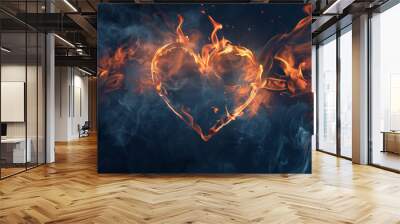 A heart shape made of fire against a dark background, symbolizing passion, love, and energy with vibrant flames and sparks and intensity on one side, generative AI Wall mural