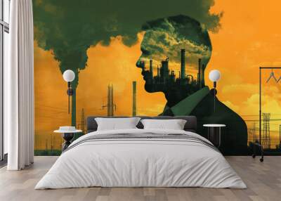 A man in a suit with his head filled by toxic fumes, factory smokestacks, and power lines in the background Wall mural