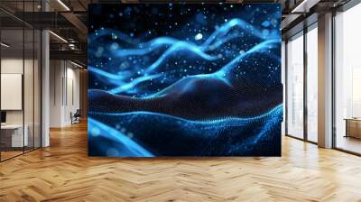 abstract blue digital background featuring glowing dots and waves of particles against a black space, representing an AI technology concept. Wall mural