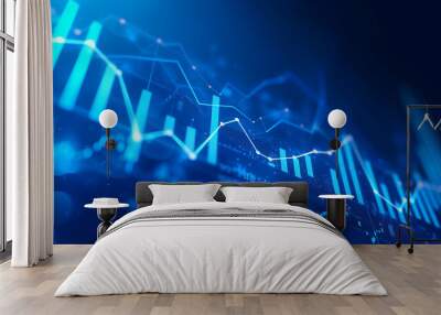 Abstract glowing big data forex candlestick chart on blurry city backdrop. Trade, technology, investment and analysis concept Wall mural