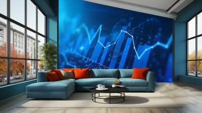 Abstract glowing big data forex candlestick chart on blurry city backdrop. Trade, technology, investment and analysis concept Wall mural