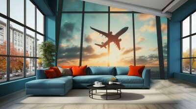 Airplane silhouette against window with light background, airplane in flight at airport terminal and panoramic windows. Concept of travel, vacation time, or journey to new places. Wall mural